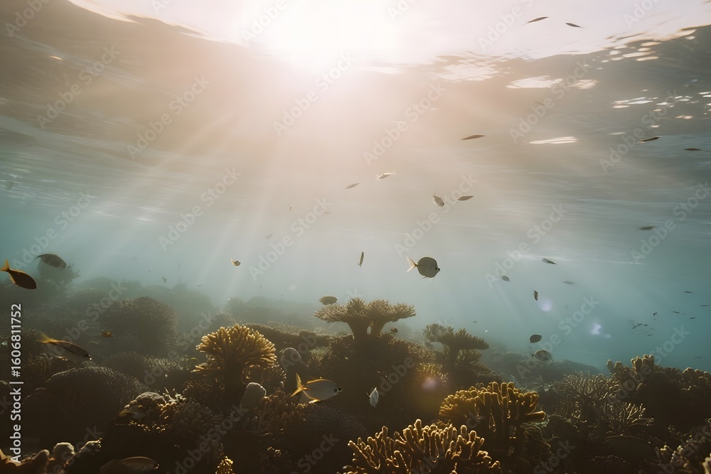 Naklejka premium Underwater Ocean Scene with Marine Life and Seascape Elements