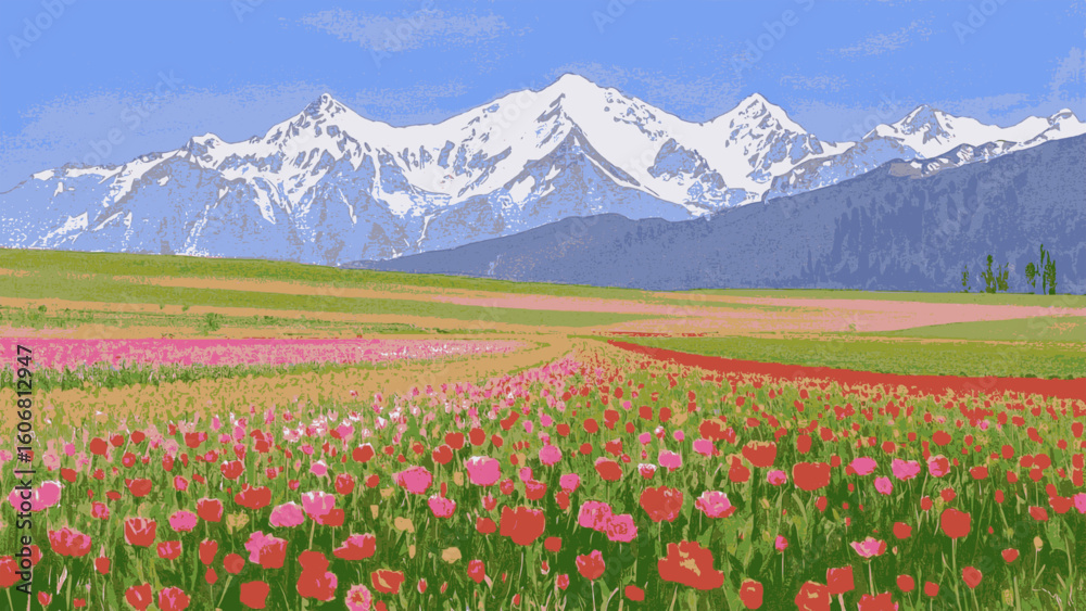 Fototapeta premium Liquid Light Tulip field view isolated watercolor vector illustration svg