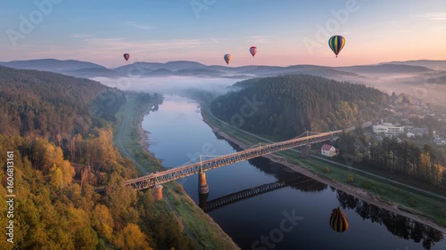 Wallpaper Mural Breathtaking aerial view of hot air balloons flying over the Elbe river and bridge Torontodigital.ca