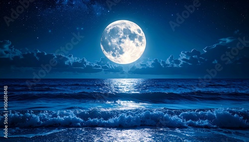 Full moon over a dark ocean shore at night