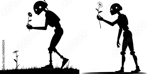 Skeletal Robot Silhouettes with Flowers - Life, Death, and Nature's Beauty