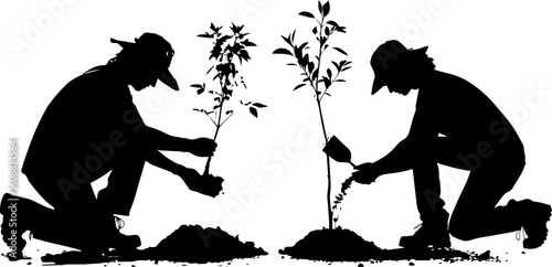 Silhouettes of People Planting Trees - Environmental Care and Reforestation