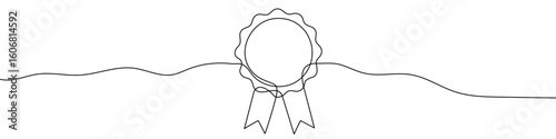 Medal with ribbons in one line art style. Medal drawing with editable black stroke on white background. Vector illustration.