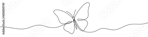 Butterfly in one line art style. Butterfly drawing with editable black stroke on white background. Vector illustration.