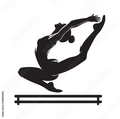 Gymnastics female competing on balance beam silhouette vector graphics