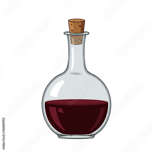 Clear wine decanter filled with red liquid and cork stopper   on a transparent background.
  