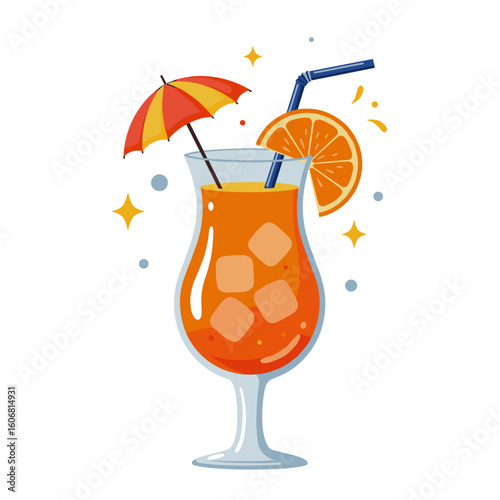 Tropical cocktail in a tall glass with an umbrella and an orange slice