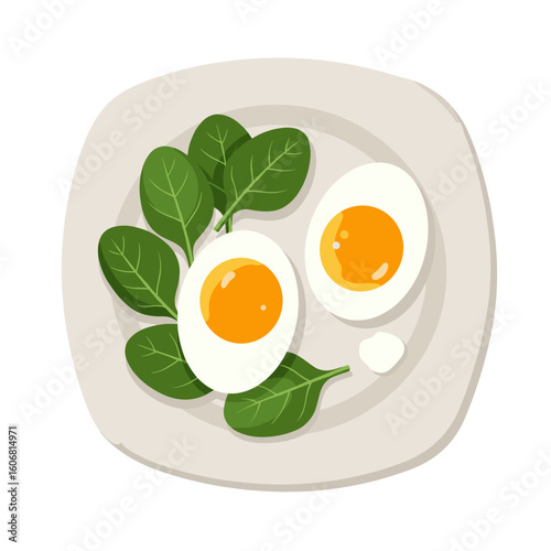 Eggs with spinach on a plate in minimalistic style  on a transparent background