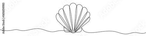 Seashell in one line art style. Seashell drawing with editable black stroke on white background. Vector illustration.