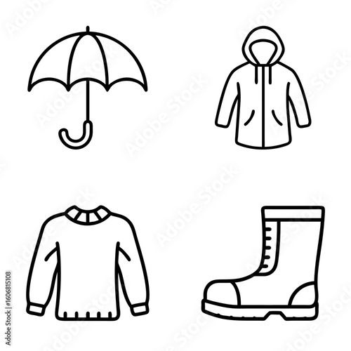 Icon set of rainwear essentials including umbrella and boots, black outline on a transparent background 