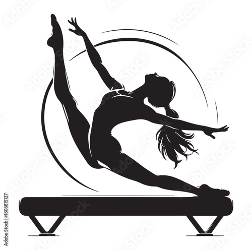 Gymnastics female competing on balance beam silhouette vector graphics