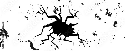 Wall crack icon. Hole in floor, broken glass symbol top view, break effect design