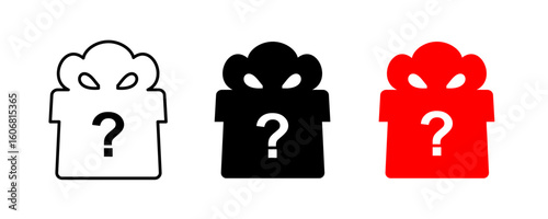 Mystery gift box icon set. Surprise present giftbox outline with question mark, quest gift box