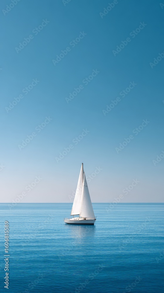 Obraz premium White sailboat gliding across calm, blue waters, sails billowing under a clear sky, creating a sense of tranquility, freedom, and the spirit of adventure on a perfect day
