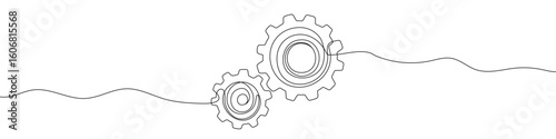 Two connected gears in one line art style. Gears drawing with editable black stroke on white background. Vector illustration.