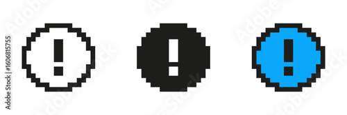 Pixel Art Exclamation Mark In Circle Icon Set. Pixelated Exclamation Mark Inside Circle, Symbol Of Warning Or Attention. Isolated Vector Illustration