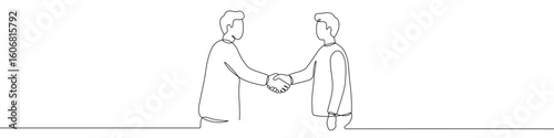 Two men shaking hands in one line art style. Drawing of people with editable black stroke on white background. Vector illustration.