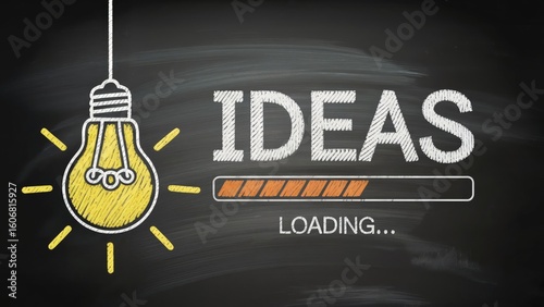 Bright idea generation loading progress with shining lightbulb and text on chalkboard