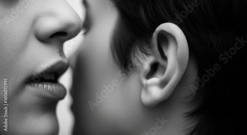 Black and white photograph depicting one person whispering into another person's ear. The focus is on the mouth of the speaker and the ear of the listener, conveying a sense of intimacy or secrecy.