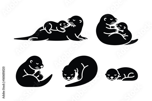 Black otter family silhouettes in various poses mother baby