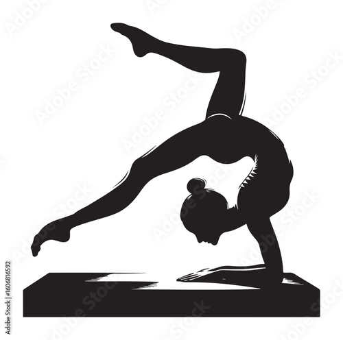 Gymnastics female competing on balance beam silhouette vector graphics