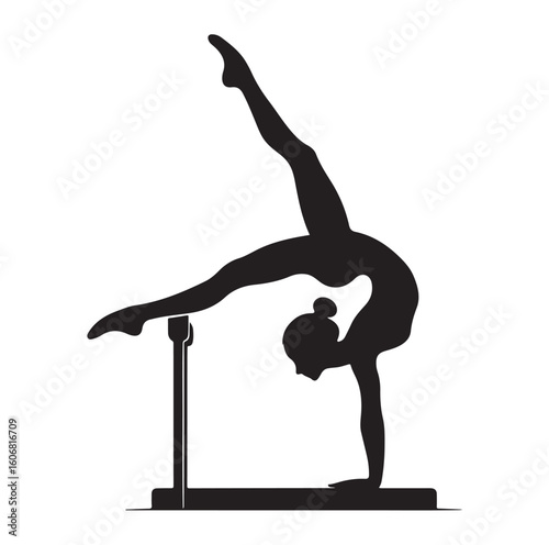 Gymnastics female competing on balance beam silhouette vector graphics