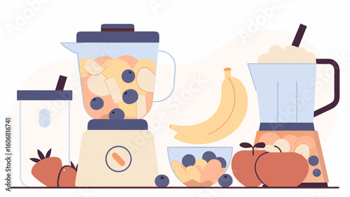 A vibrant kitchen scene featuring blenders with fresh fruits ready for smoothie preparation.