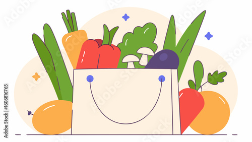 A colorful illustration of fresh vegetables overflowing from a shopping bag, showcasing a variety of produce.
