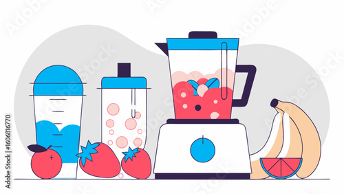 A vibrant kitchen scene featuring a blender with colorful fruit smoothies and fresh ingredients, radiating health and vitality.
