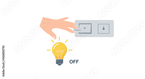 hand turning off light switch with lightbulb isolated