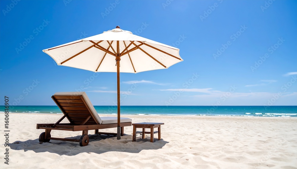 Obraz premium Beach scene with umbrella and lounge chair