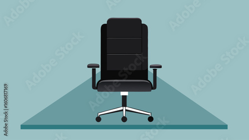 Office chair and desk setup with black leather armchair in a modern office interior
