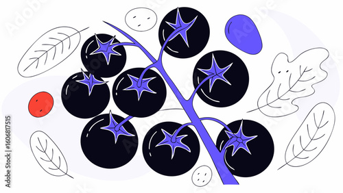 A vibrant still life illustration featuring blackberries, stylized leaves, and playful abstract shapes.