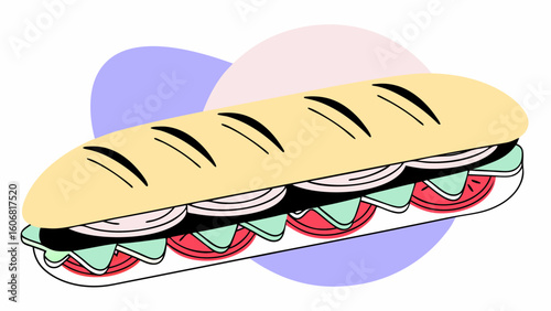 A colorful sandwich featuring layers of fresh ingredients, highlighted against a soft background.
