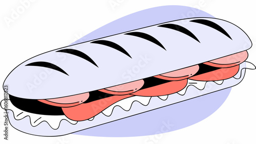 A colorful cartoon illustration of a classic sandwich with layers of meats and lettuce.