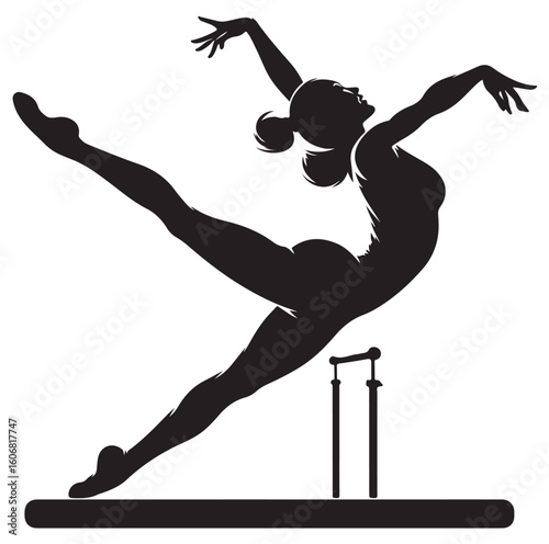 Gymnastics female competing on balance beam silhouette vector graphics