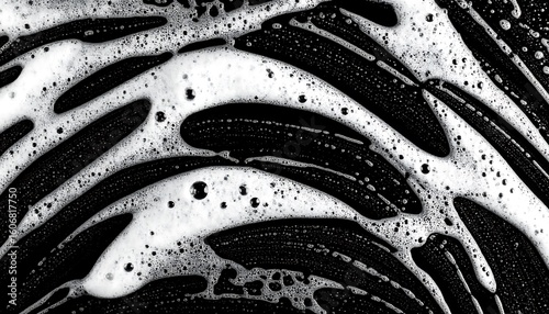 Abstract patterns of soapy foam on a dark surface