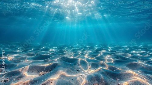 Sunlight beams into a clear, blue ocean, illuminating sandy seabed with rippled patterns and scattered pebbles
