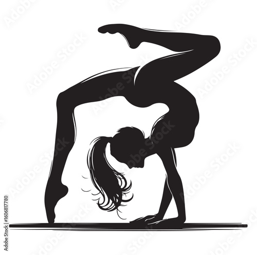 Gymnastics female competing on balance beam silhouette vector graphics