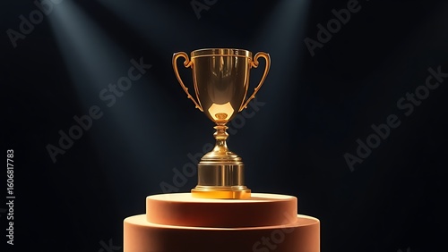 Golden trophy displayed on a velvet pedestal with dramatic lighting and metallic reflections.