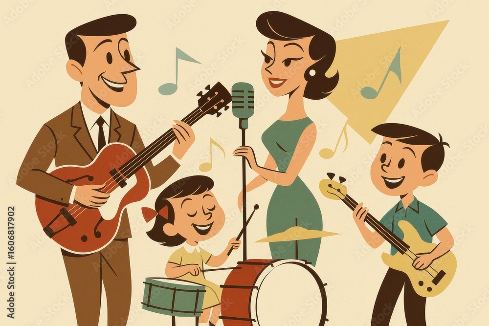 Fototapeta premium Family band performs joyful music at home party in charming retro style, creating lively atmosphere for guests to enjoy. Use for band, music and family themes.