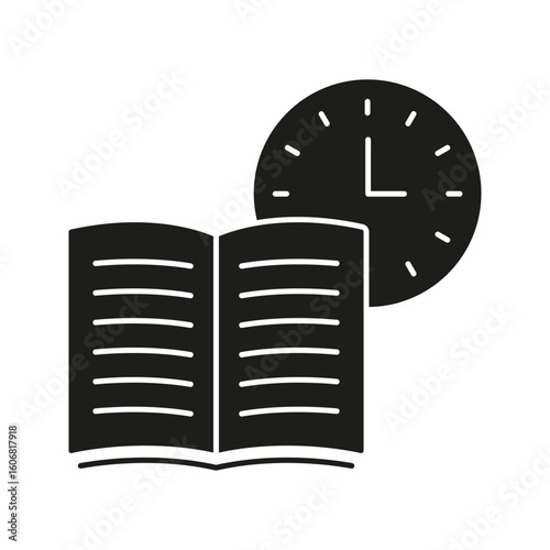 Open Book With Clock Solid Icon. Time Management, Study Scheduling, And Reading Planning Silhouette Symbol. Educational Efficiency. Isolated Vector Illustration