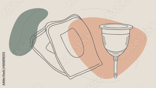 A minimalist illustration featuring a menstrual cup and sanitary pads, symbolizing sustainable menstrual products.
