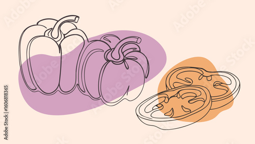 Stylized illustration of bell peppers and sliced tomatoes against a soft pastel backdrop.