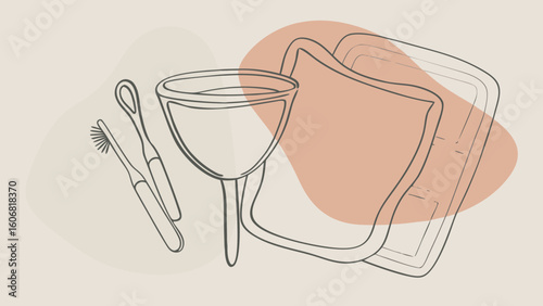 Minimalist line drawing of feminine hygiene products, featuring a menstrual cup and reusable items, promoting eco-friendly choices.