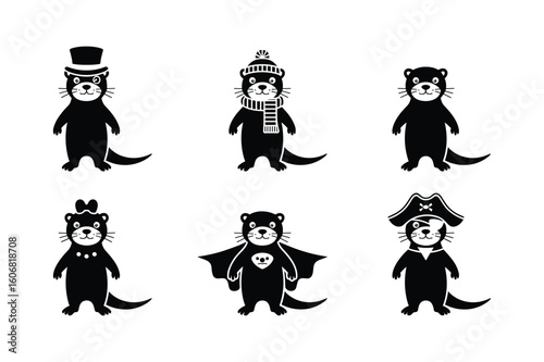 Black otter silhouettes wearing different costumes top hat scarf