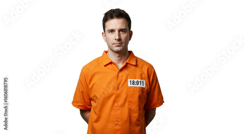 Male prisoner in orange prison uniform png isolated on transparent background