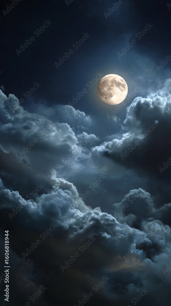 Full moon glowing intensely, silhouetted against dark nocturnal sky, dramatic clouds framing luminous lunar landscape Full moon glowing intensely, silhouetted against dark nocturnal sky, dramatic clouds framing luminous lunar landscape