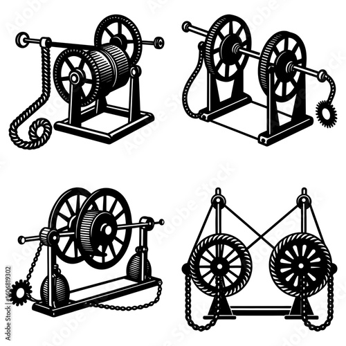 Collection of four black and white illustrations of vintage mechanical winches and pulley systems on stands