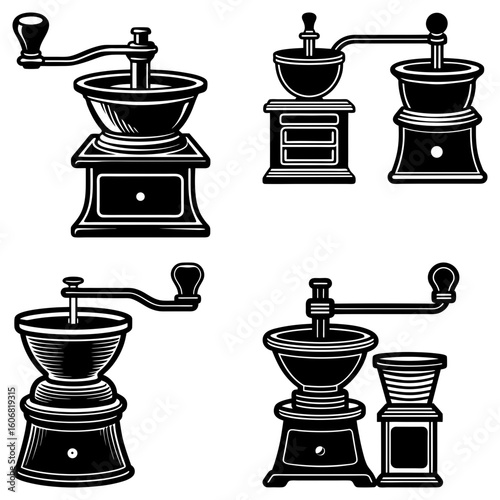 Illustration of four vintage coffee grinders with different designs and crank handles in black and white style
